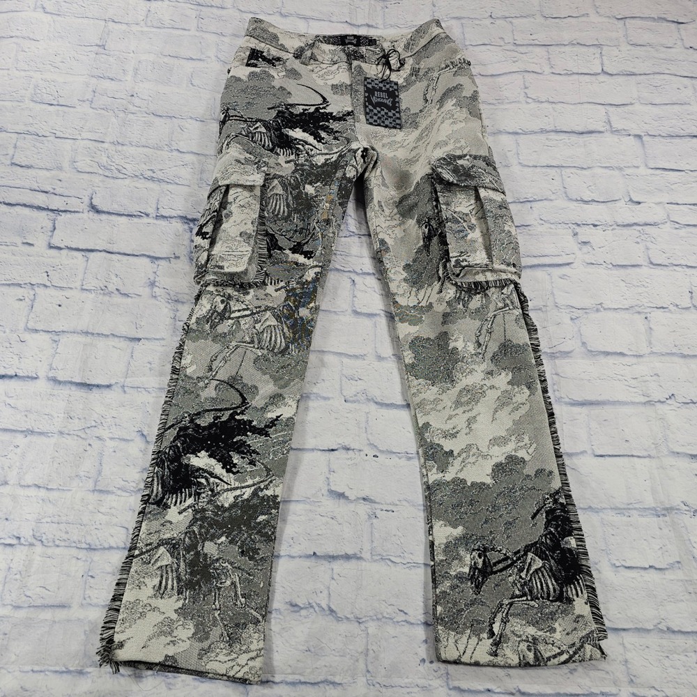 Rebel Vengeance Tapestry Cargo Pants Men 28 Gray Skeleton Horseman Fringe Gothic